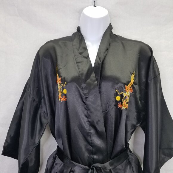 Lucky Kimono Bath Robe M Hand Embroidered Chinese Dragon Black Satin Tie Pockets - Picture 4 of 16